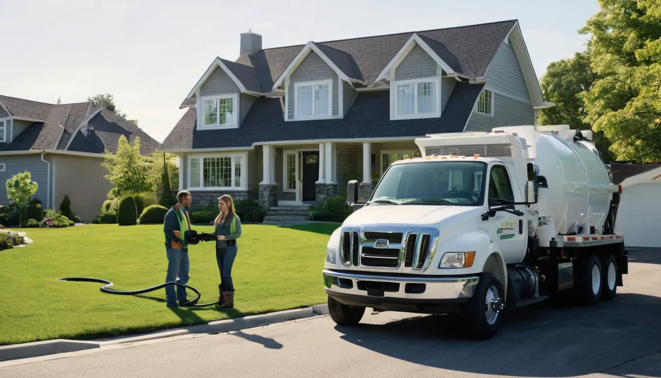 A homeowner in East Bethel talking with a septic provider beside a pumping truck