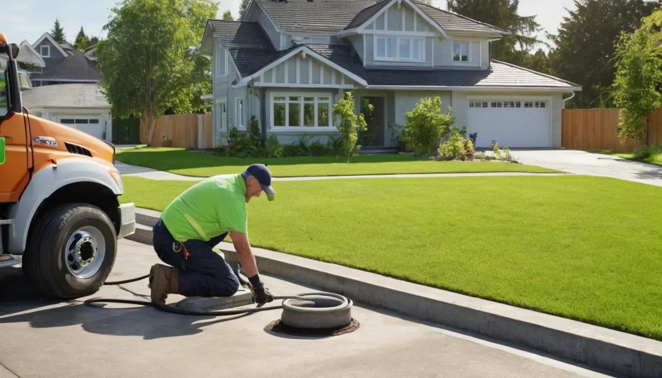 Friendly septic provider checking a tank access lid in a backyard near East Bethel